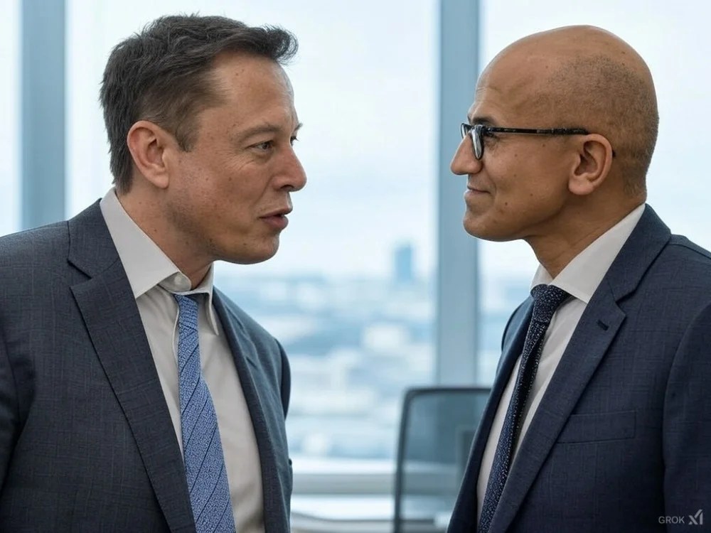 Elon Musk e Satya Nadella modello IA Microsoft