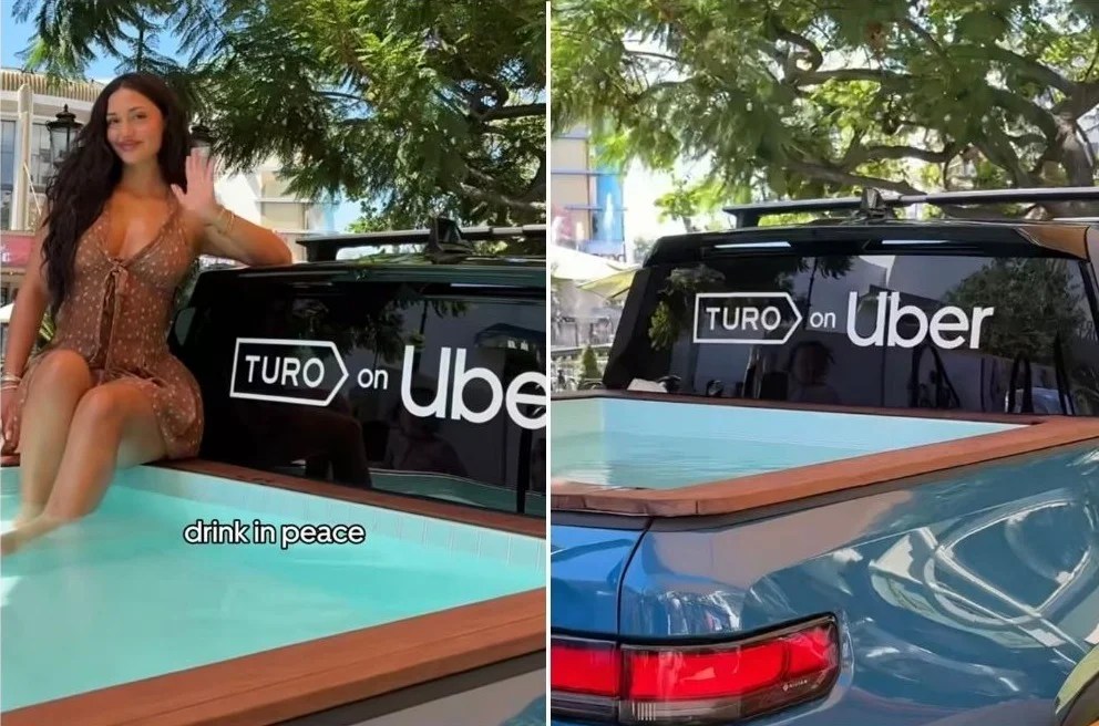 uber trasforma rivian pick-up in piscina
