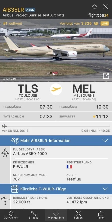 project sunrise test di volo sydney londra